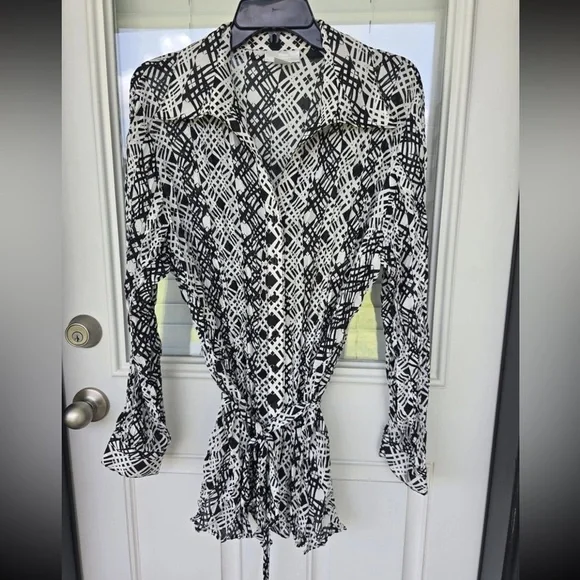 Worthington Pleated Tunic Shirt Sz 1X Plus Button Up Belted BlackWhite Women New - Picture 4 of 14